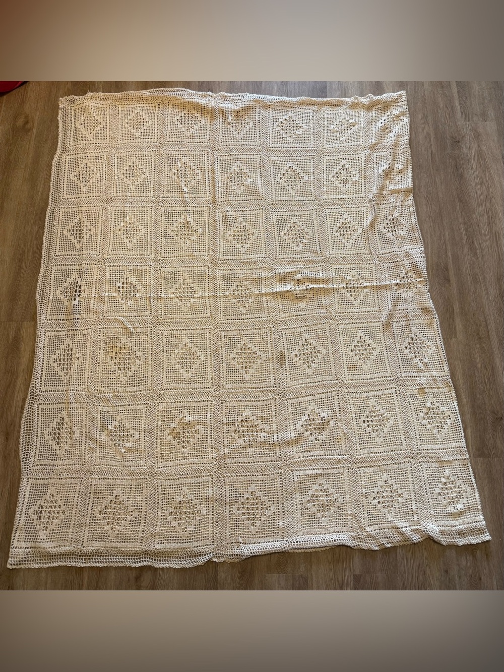 Handmade Crochet Throw Blanket or Table Cloth in Cream - 6’ x 10’